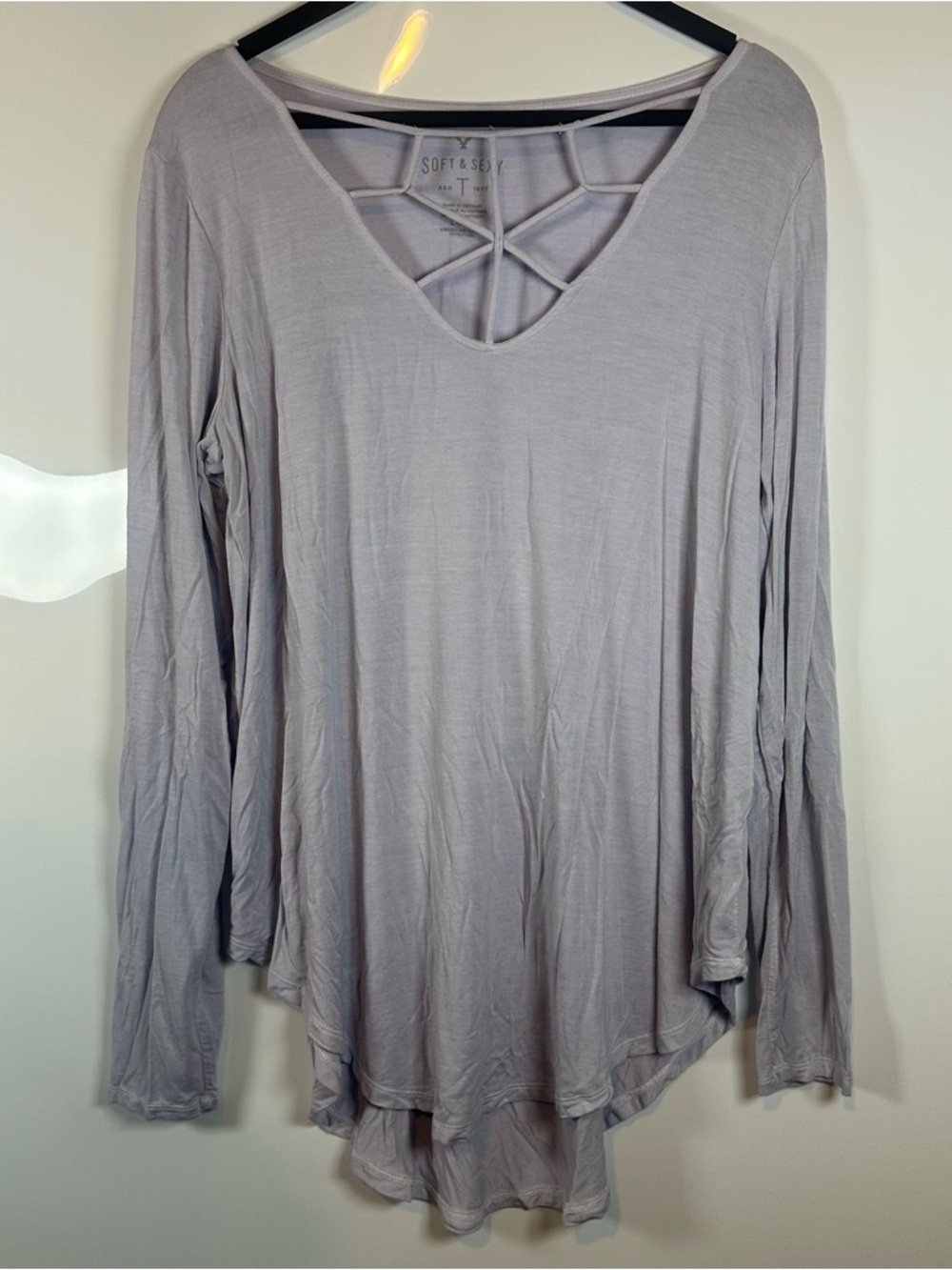 American Eagle Off-White Long Sleeve Lace Front Blouse Criss Cross Back Womens L
